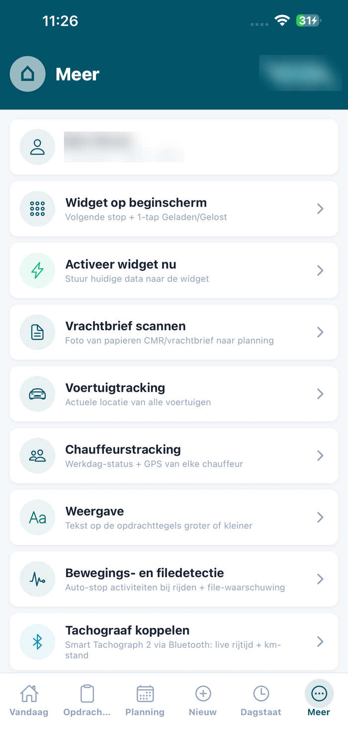 Het menu Meer met vrachtbrief scannen en tachograaf koppelen