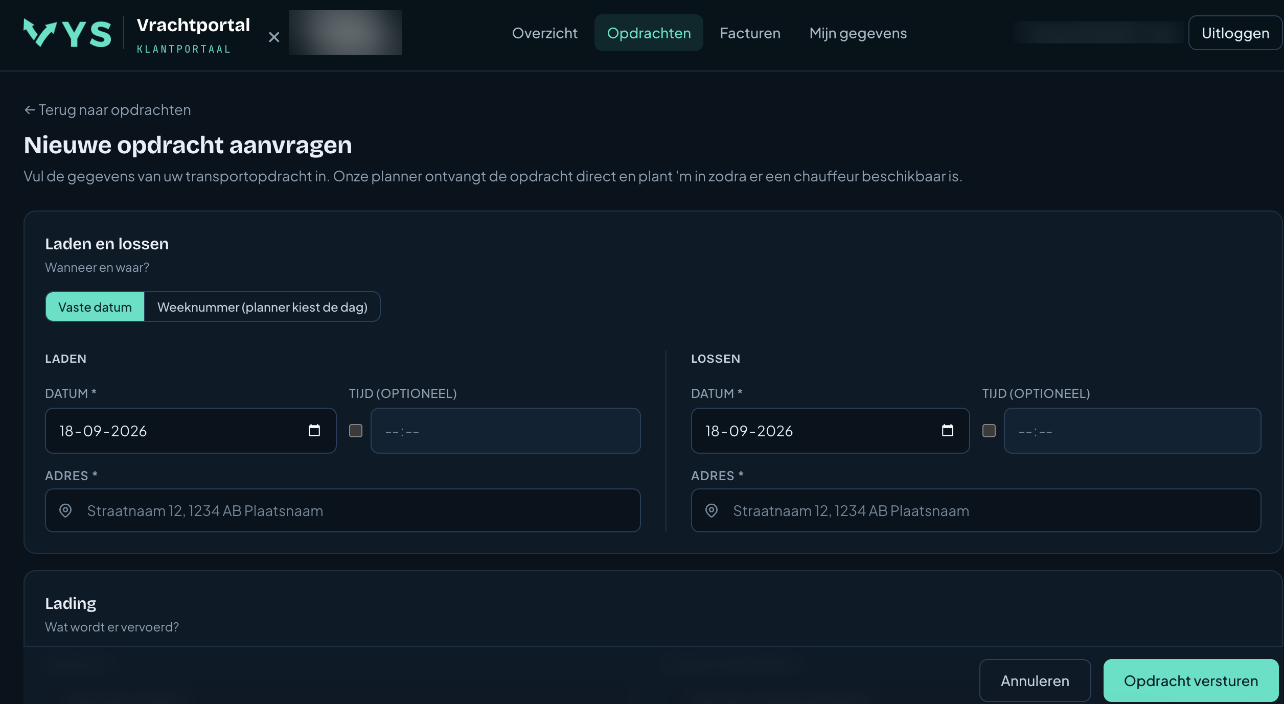 Een nieuwe opdracht aanvragen in de vrachtportal: laden en lossen met datum, tijd en adres
