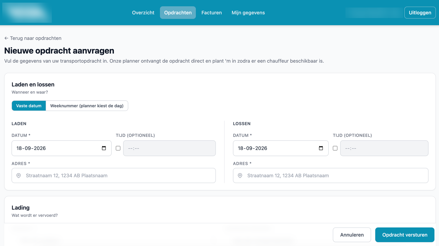 Een nieuwe opdracht aanvragen in de vrachtportal