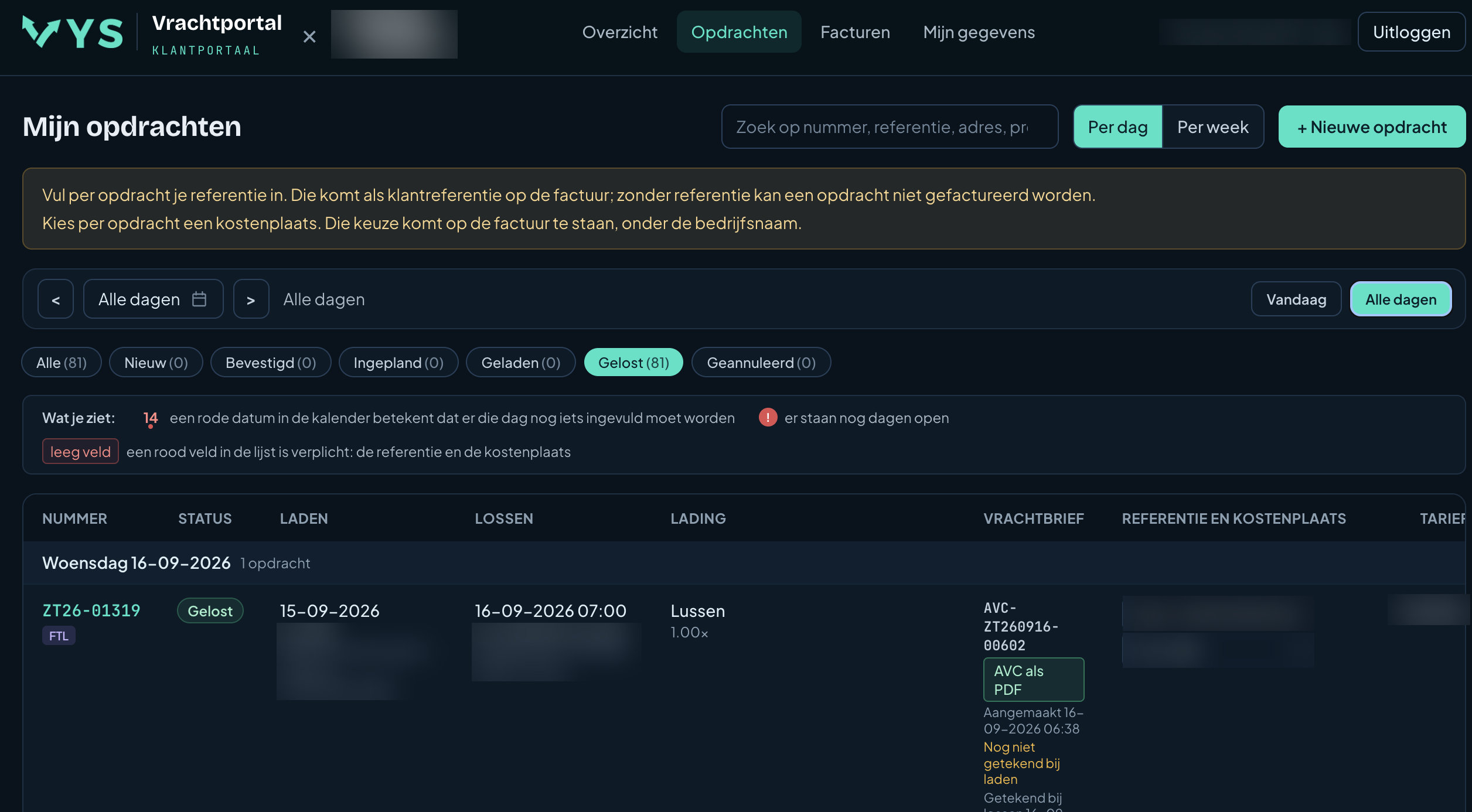 Opdrachten in de vrachtportal: per status, met vrachtbrief, eigen referentie en het tarief